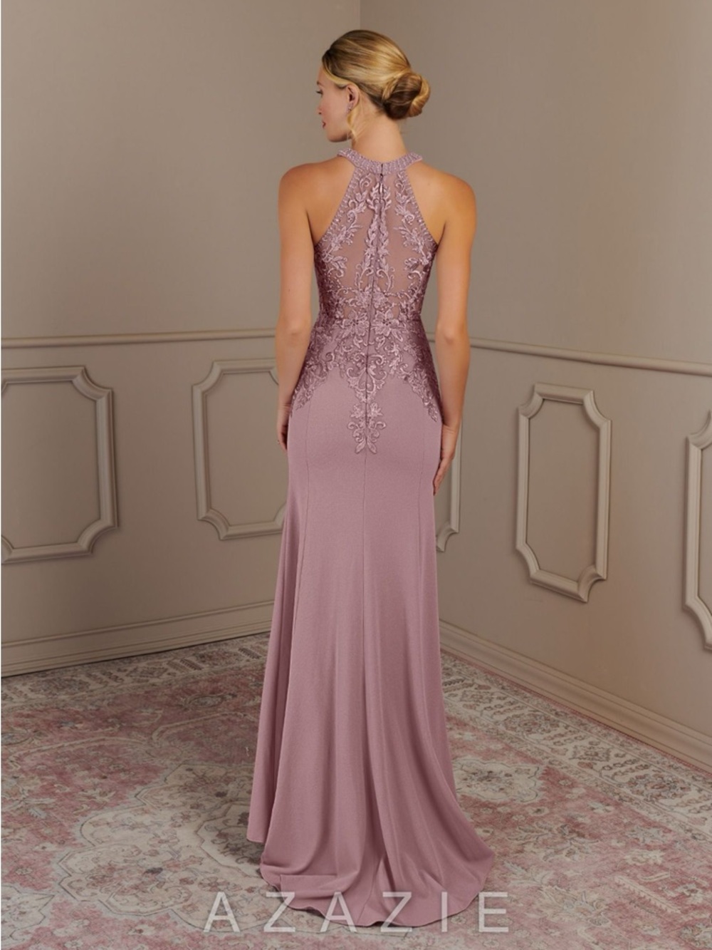 NWT Azazie Tyra Dusty Mauve Lace-Back Halter Gown